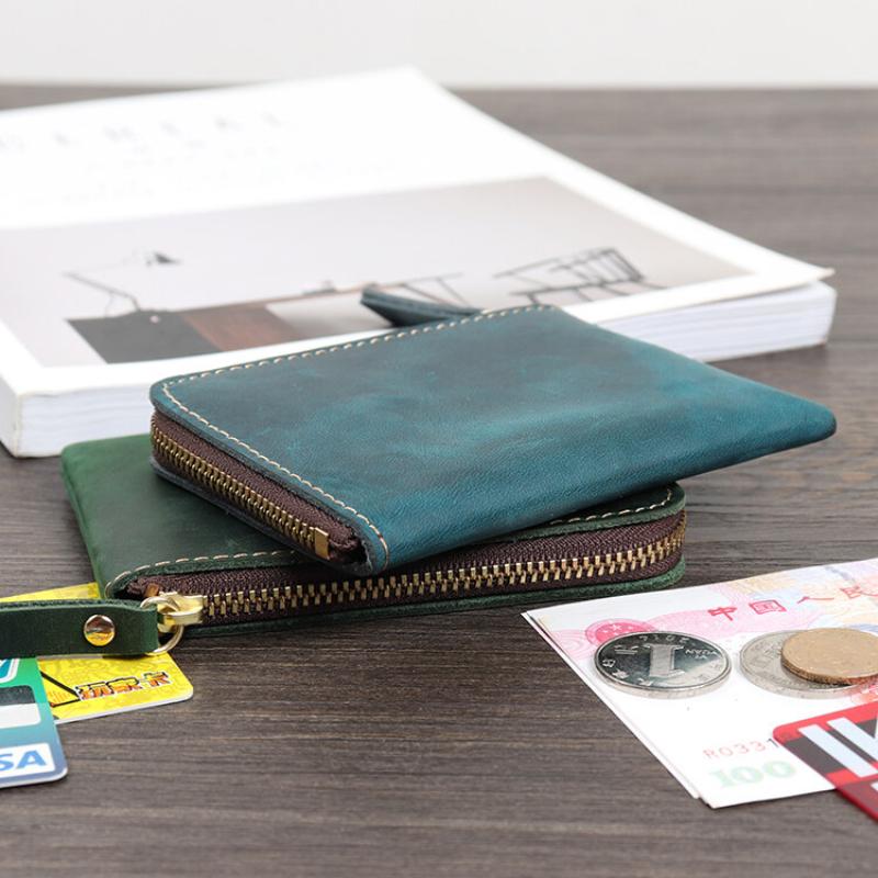 Handmade Crazy Horse Leather Wallet Retro Small Coin Money Bags Simple Wallets Zipper Pouch Card Holdes