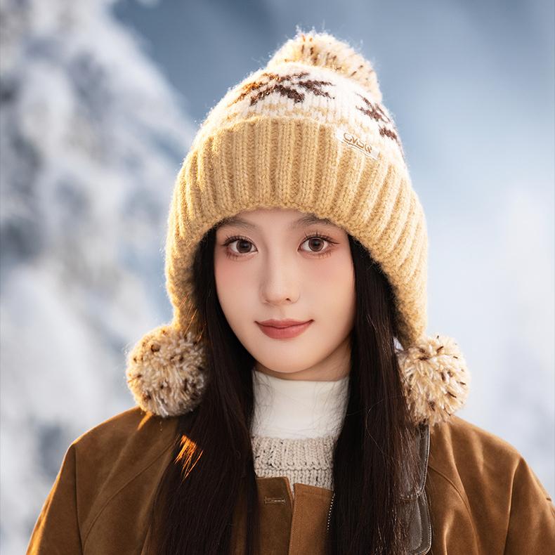 Ladies Snowflake Christmas Wool Hat Winter Fleece Thickened Cold Warm Hat Outdoor Travel Ear Hat New