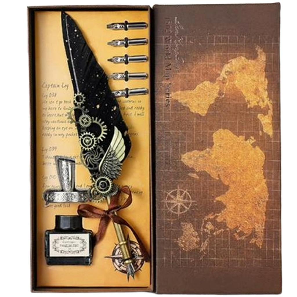 dilib Black Feather Dip Pen Set with 5 Nibs, Ink Bottle and Pen Stand