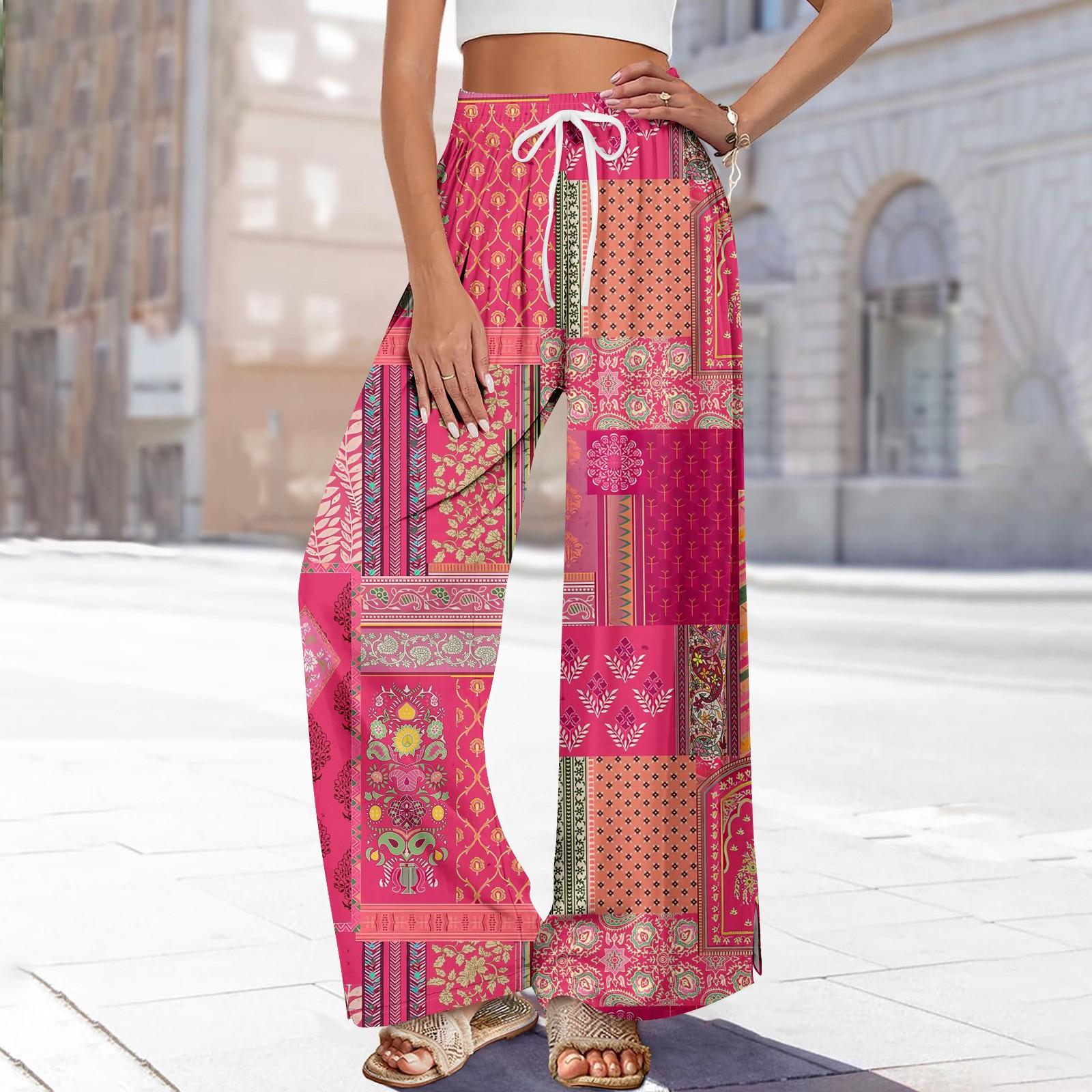 

Женские летние брюки-палаццо в стиле бохо с высокой талией, широкие повседневные брюки с принтом и карманами XXL