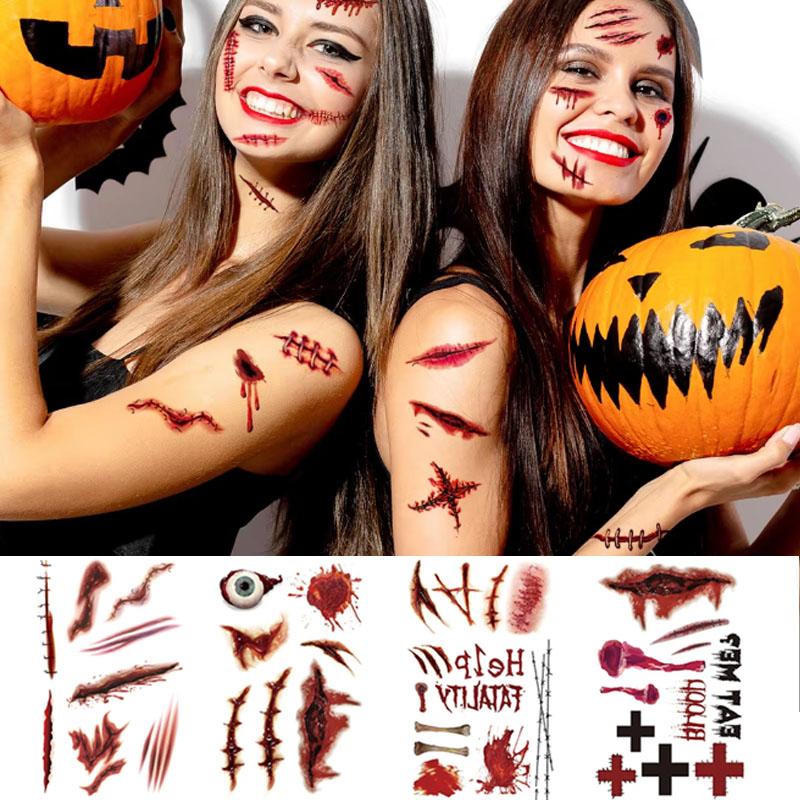 Scary Creepy Halloween Wound Temporary Tattoo Waterproof Realistic Blood Tattoos Injury Scar Tattoo Stickers for Face Hands