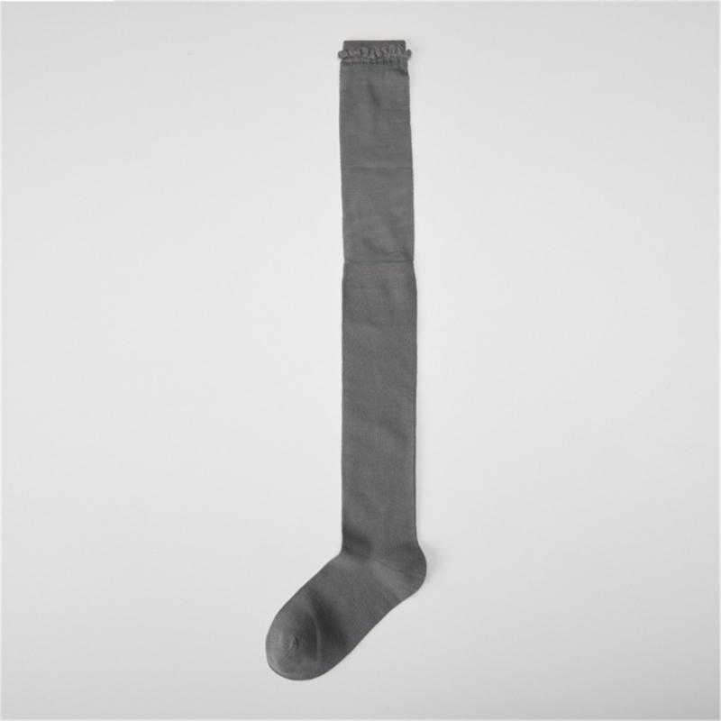 Solid Color Stretch Ruffle Trim Over Knee Long Socks for Women Japanese Student Sheer Mesh Splicing Thigh High Stockings