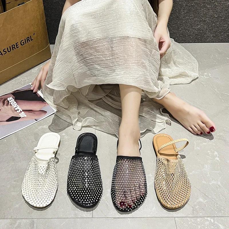 Round Toe Flat Bottom Sandals Half Slippers Women Flat Shoes Ladies Mesh Beach Slides Outside Mules Designer Gladiator Sandals