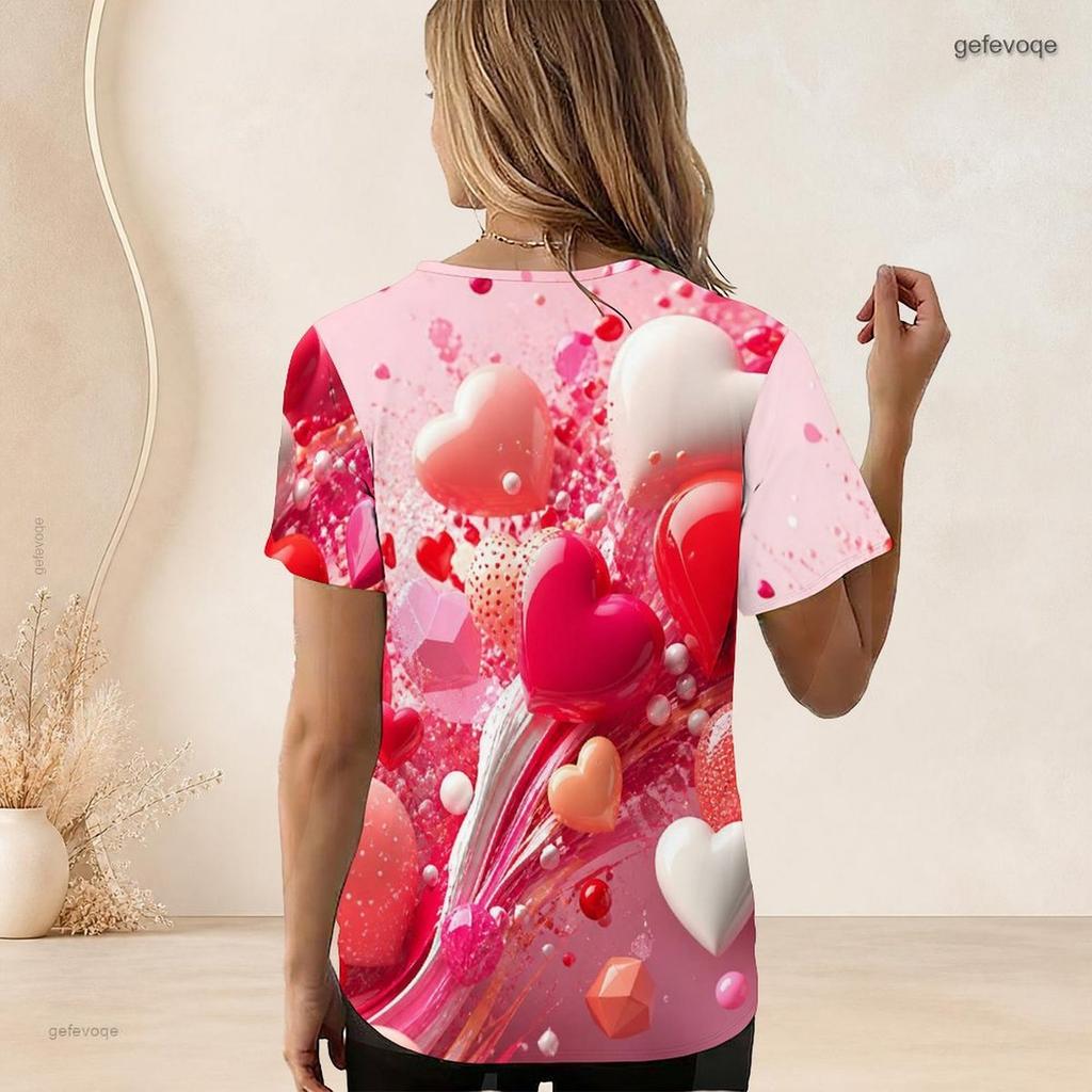 Women Plus Size Short Sleeve U Neck T Shirt Pink Heart Flower Star Dark Background Print Top