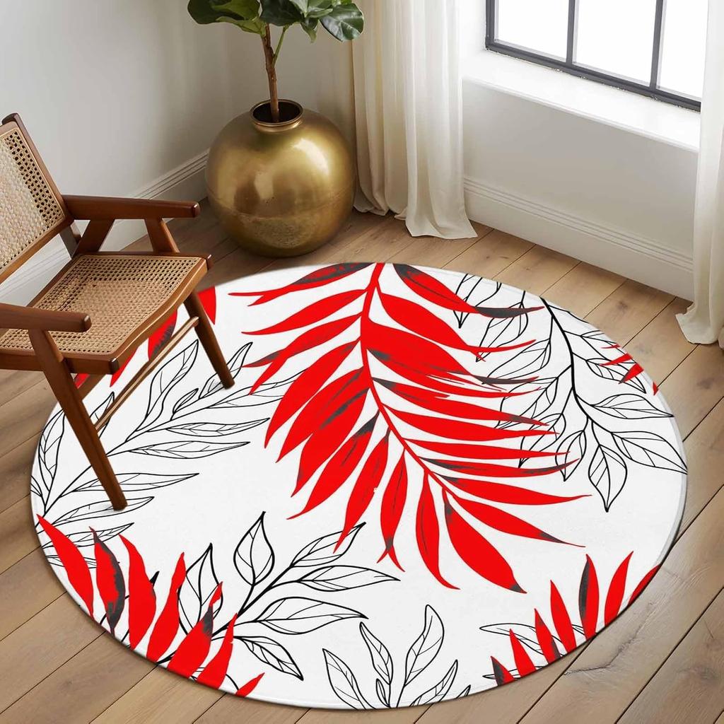 Nordic Leaf Print Round Rug Tropical Palm Leaf Modern Home Decor Non-Slip Carpet Minimalist Geometric Line Living Room Decor Mat