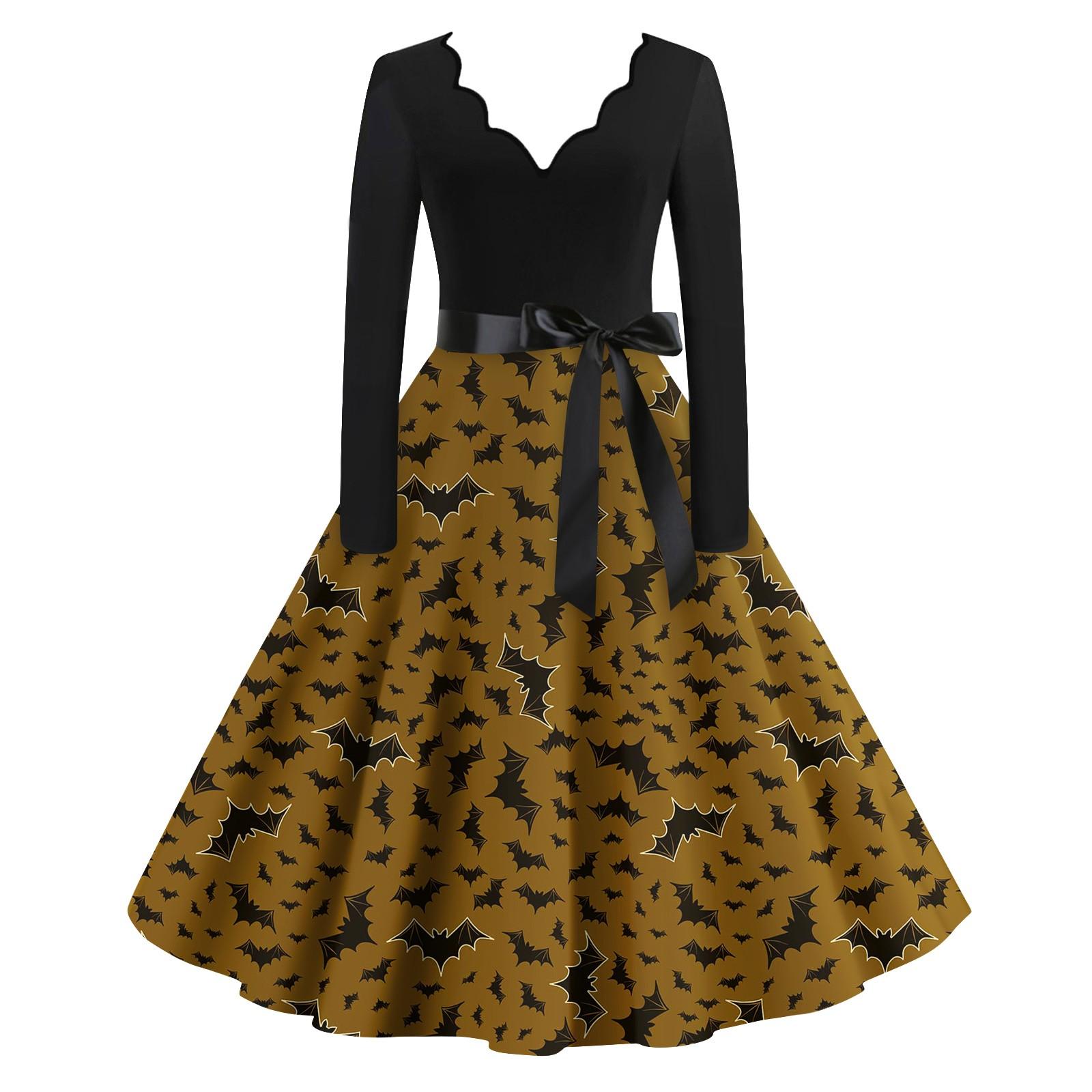 

Женские повседневные модные винтажные длинные платья с длинным рукавом на Хэллоуин и графическим принтом M