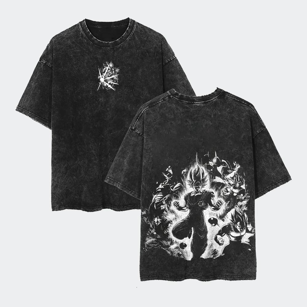 Anime Dragon Washed Goku T-Shirt Cotton Large Casual Sports Vegeta Gym T-Shirt Men's Harajuku Tee Clothing
