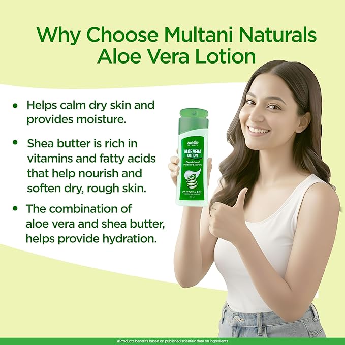 Multani Naturals Aloe Vera Lotion with Shea Butter Lightweight Non Sticky Hydrating Body Lotion for Dry Skin Summer Care Pack of 2 x 100 ml