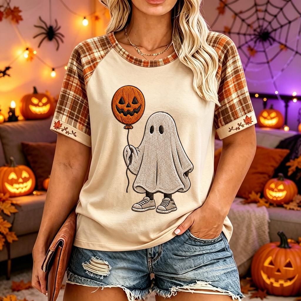 Women's Plus Size Casual Short Sleeve Neck T-Shirt with Halloween Print