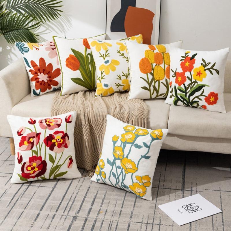 45x45cm Flower Embroidered Pillow Cover Rural Style Home Sofa Pillowslip Bedhead Cushion Office Chair Lumbar Mat Easy To Clean Pillowcase Without Core
