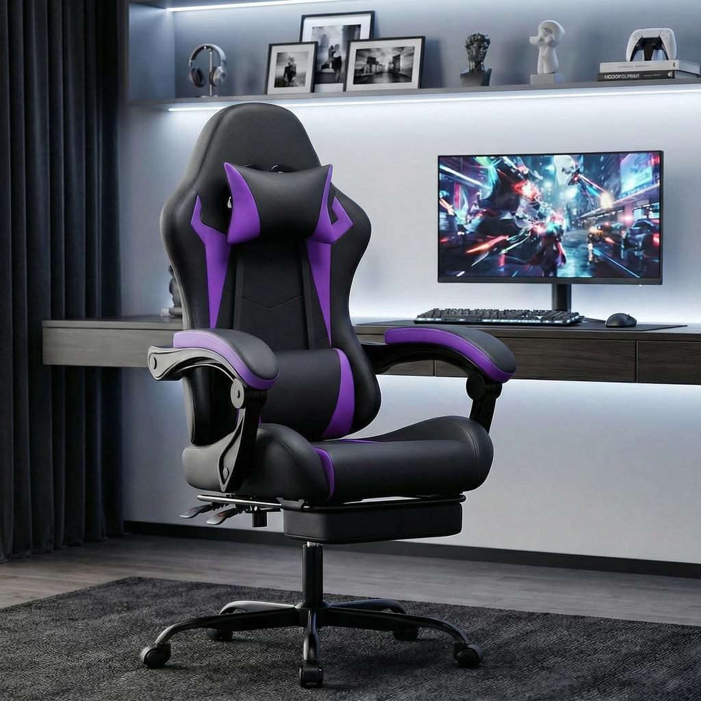 Gaming Chair Ergonomic Gaming Chair with Lumbar Cushion and Headrest, Gamer Chair Height Adjustable, PC Chair for Adults Girls Boys, Black-Violet