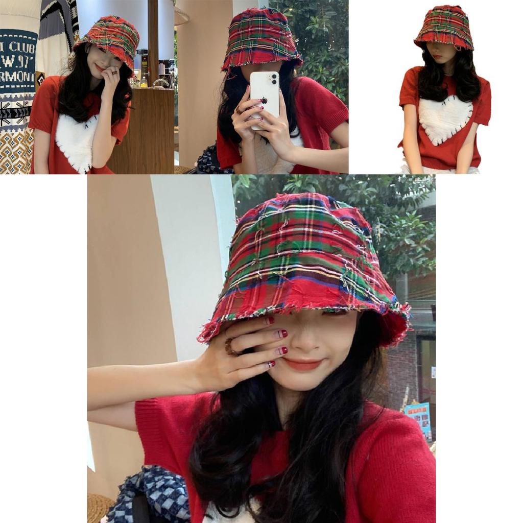 Chic Red Plaid Bucket Hat For Women Vintage Style Sun Protection Breathable Cotton