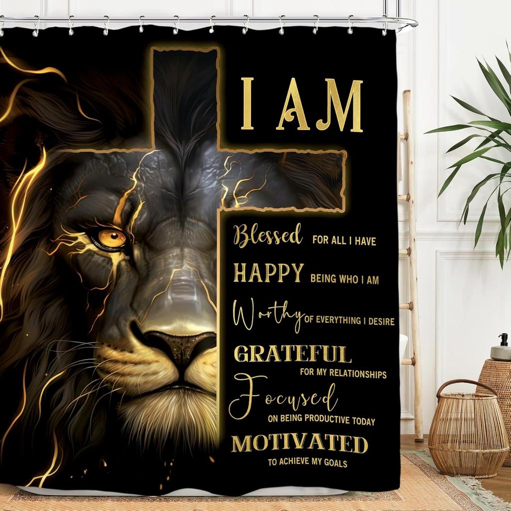 Lion Man Shower Curtain Set - Black/Gold Motivational Quotes, Waterproof Masculine Bath Decor Inspirational Male Design