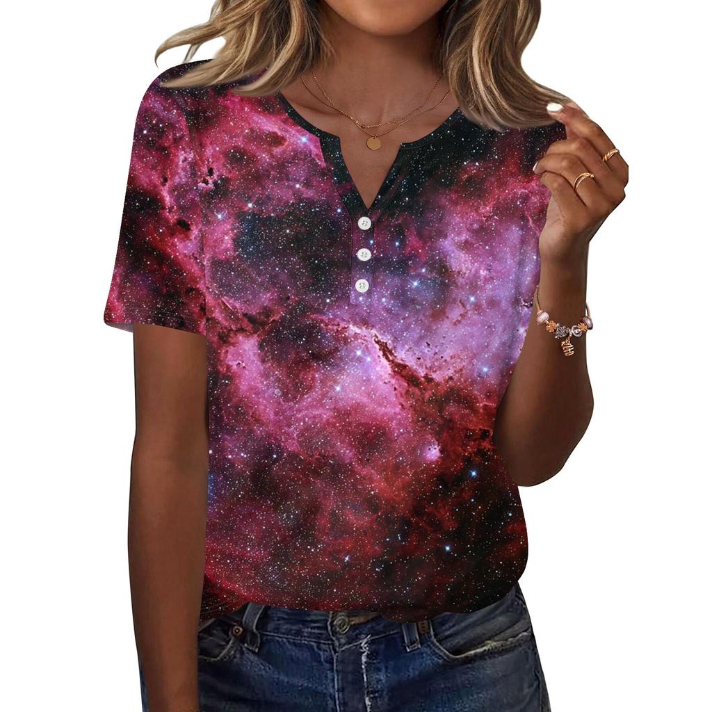 Tricou de damă, cu nasturi, cu mânecă scurtă, de zi cu zi, la modă de weekend, de bază, cu decolteu în V, obișnuit