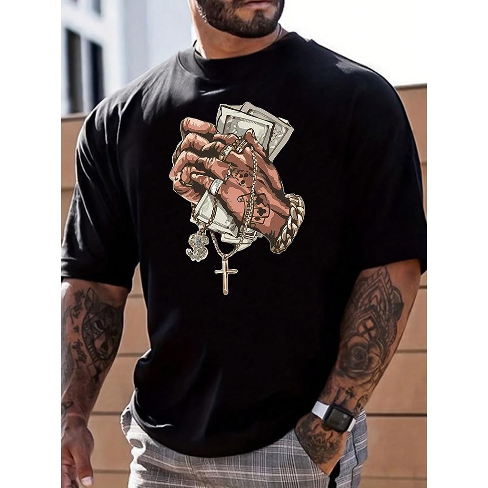 Summer Rap Hip-hop T Men s T-shirt Urban Street Fashion Short-sleeved Top Everyday Casual T-shirt Banknote Printed Men s T-shirt M