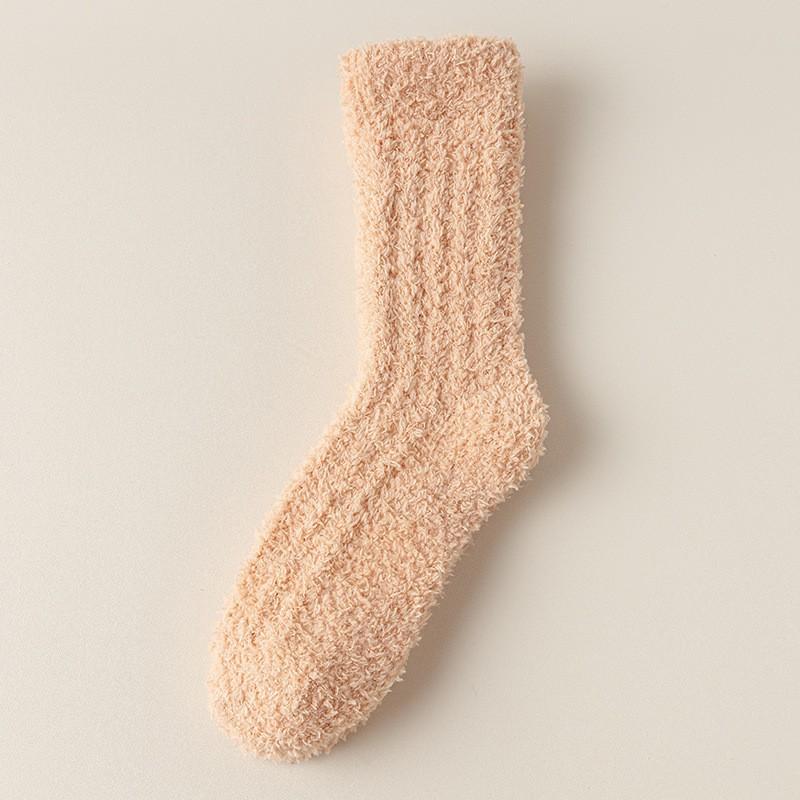 Coral Fleece Socks Solid Color Medium Tube Socks Season Fleece Thickened Warm Furry Home Floor Sleeping Socks