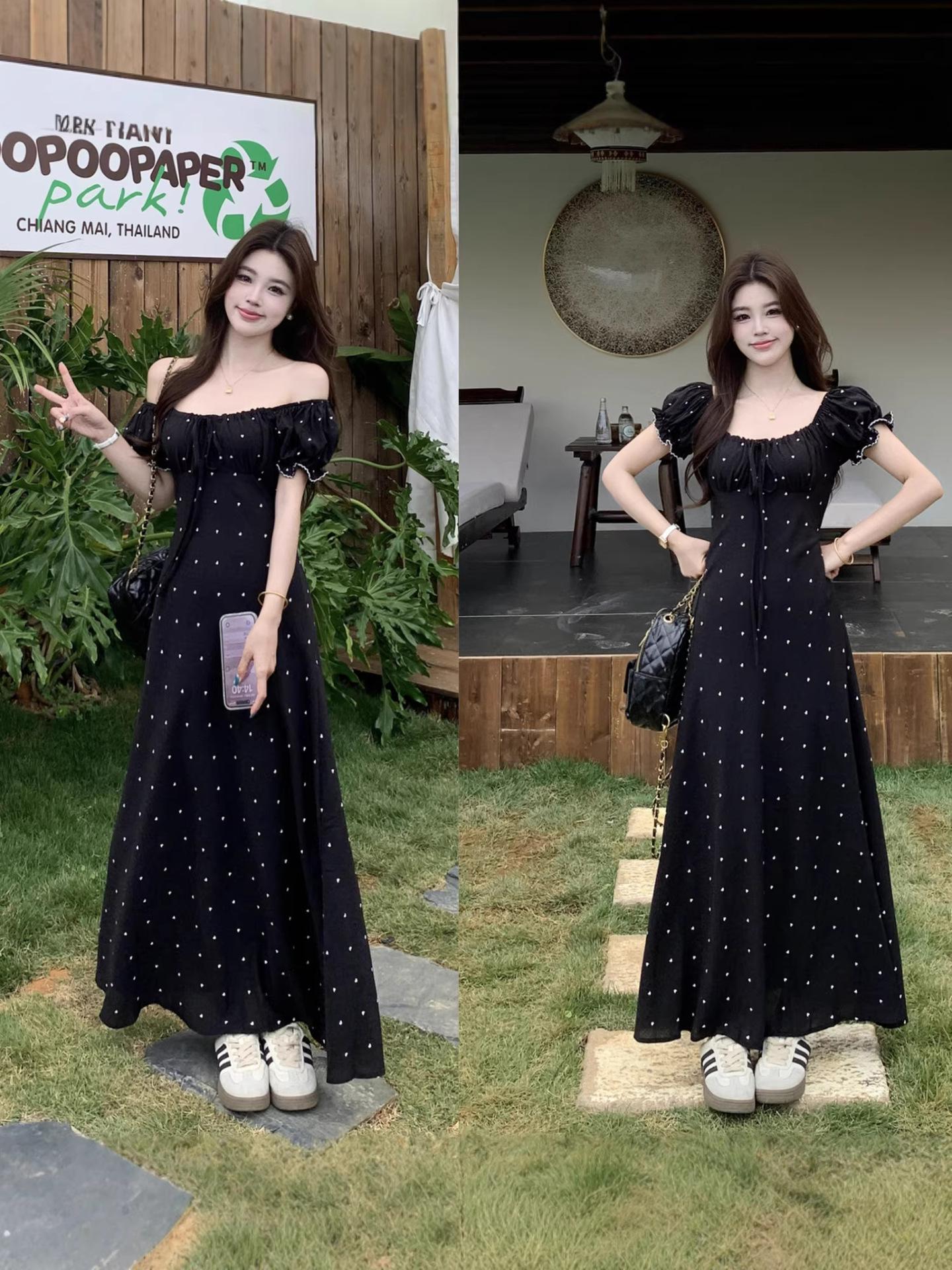 Plus Size Women s French Retro Heart-Shaped Chiffon Waist-Cinched Maxi Dress L
