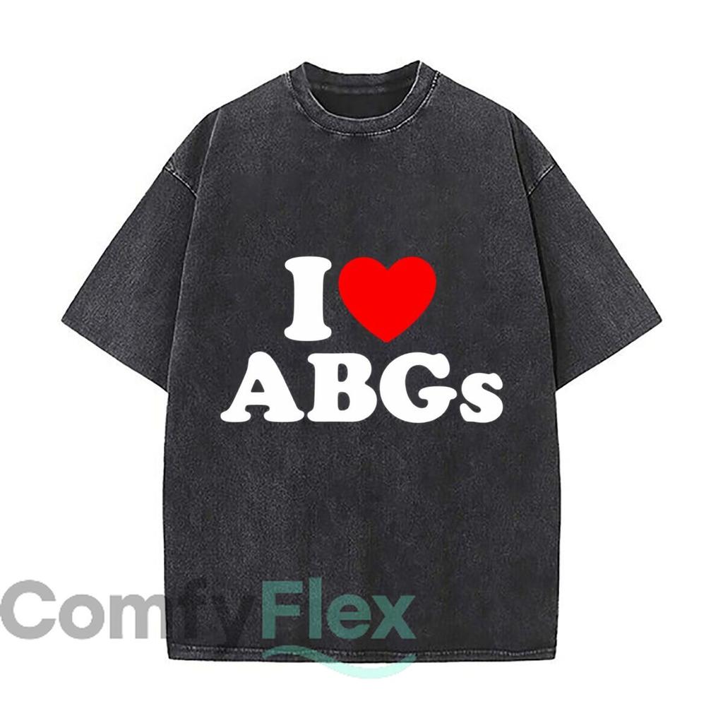 I Love Abgs Red Heart Typography Washed Short Sleeve Loose Streetwear Tee Hip Hop