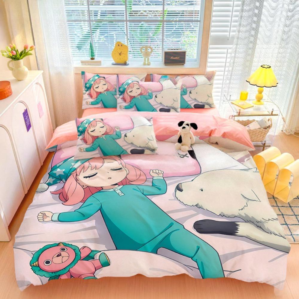 Cartoon Anime girl,Microfibre Bedding Sets, Children's Bed Decor Duvet Cover for Teenagers Adult 3-Piece  with Zip Room Decor