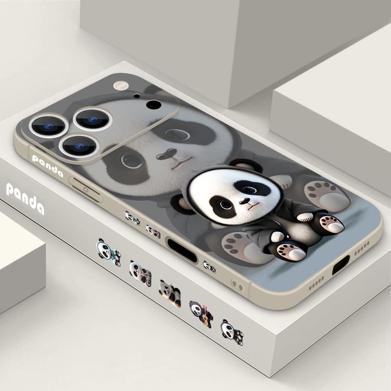 For iPhone 17 Pro Max Case Black Coat Panda Pattern Soft Silicone Lanyard Cover For iPhone 16 Pro Max Cover iPhone 15 14 13 12 11 16E Air
