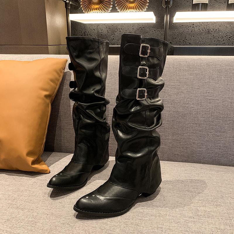 Fashion High Quality Wasteland style Vintage Detachable Boot Barrel Western Boots for Women Black Belt Straps Boot Shoes