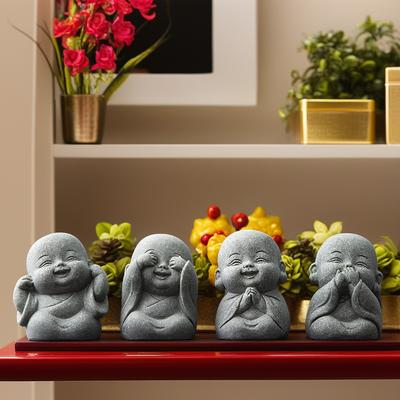 Sandstone Little Monks Sculptures and Figurines Cute Home Room Office Car Wealth Luck Feng Shui Decor Statuette 4-piece Set