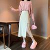 New 2025 Chinese Style Knitted Half Length Skirt for Autumn Winter, High Waist Skinny Look Split Mid Length Pan Buckle Female