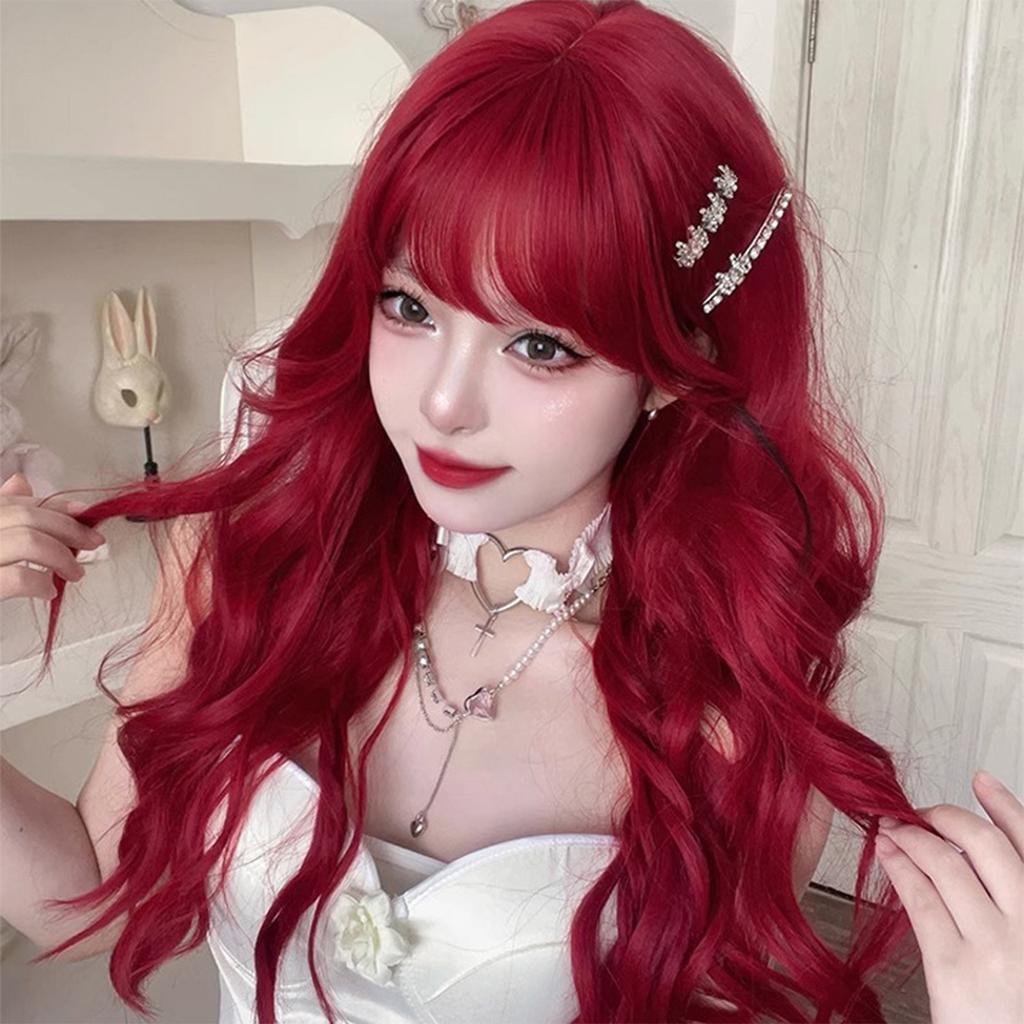 Jk Style Lolita Full Wig with Bangs Mera Red Water Wave Synthetic Fiber for Cosplay Costume