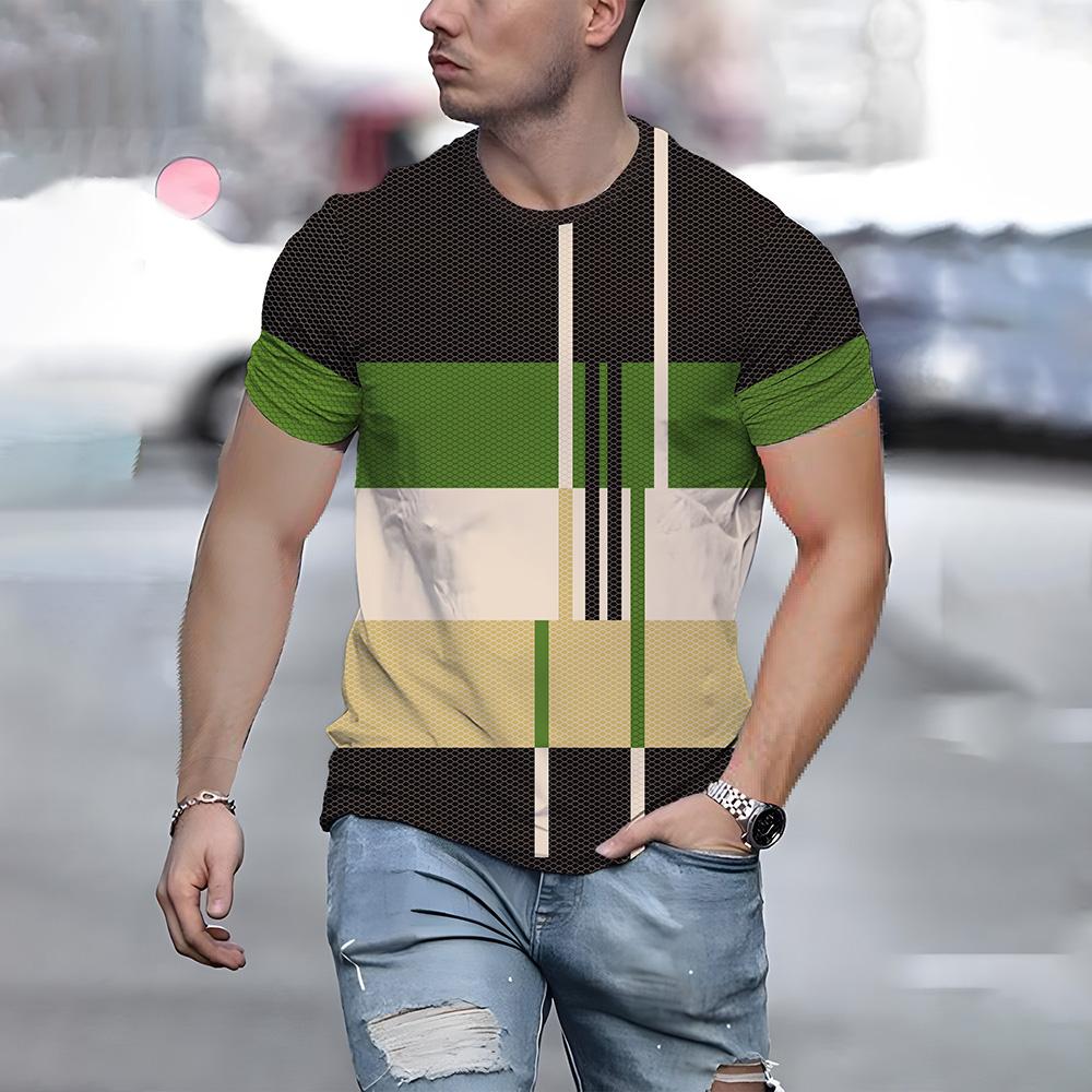Fashion Geometric Stripe Print T-Shirt Comfortable Soft Crew Neck Short Sleeve Top 5XL Large Size Loose Basic T Shirt Clothing