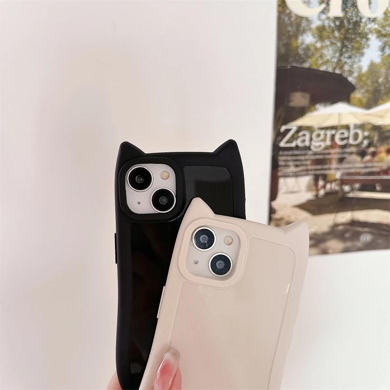 Voor iPhone 17 17Air 16 Pro Max Schattig 3D Kitten Kattenoren Effen Kleur Telefoonhoesje Voor iPhone 15 14 13 11 12 Schokbestendig Zacht Hoesje