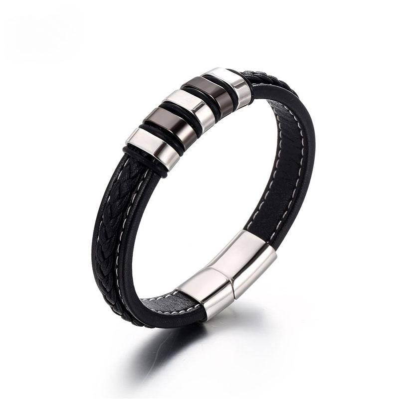 Titanium Steel Leather Bracelet for Men, Woven Leather with Stainless Steel Magnetic Clasp, Trendy Cool Bangle Accessory