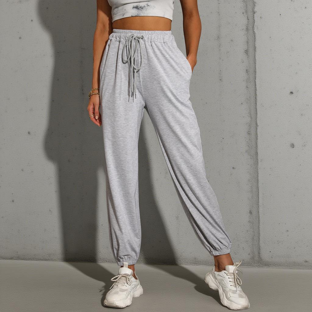 Solid Color Elastic Waist Pants Casual High Waist Sports Tying Pants Elastic Nine-point Guard Pants Women
