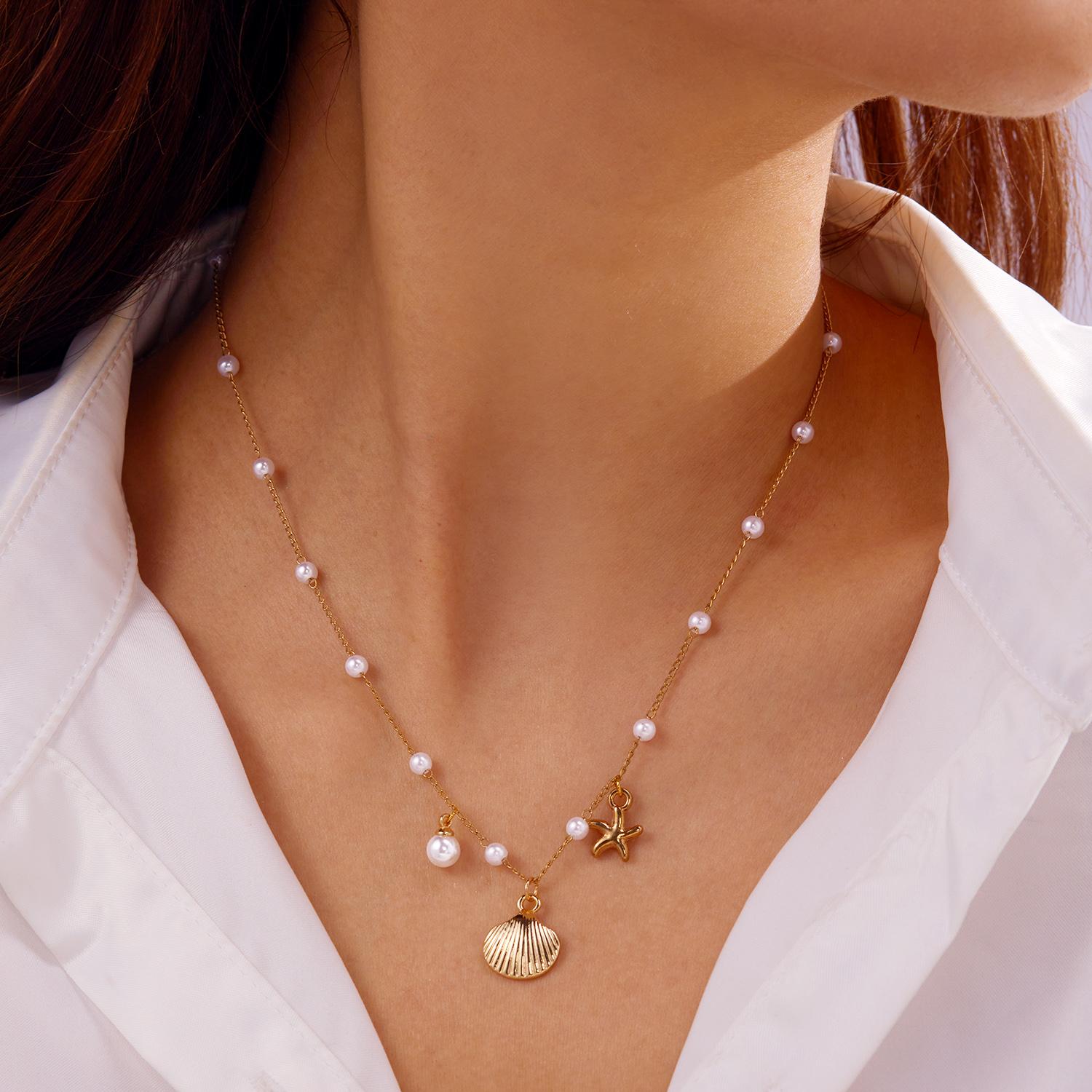 

Multilayer Imitation Pearl Polymer Clay Beads Necklace for Women Bohemian Starfish Conch Shell Choker Chain Summer Jewelry Gift