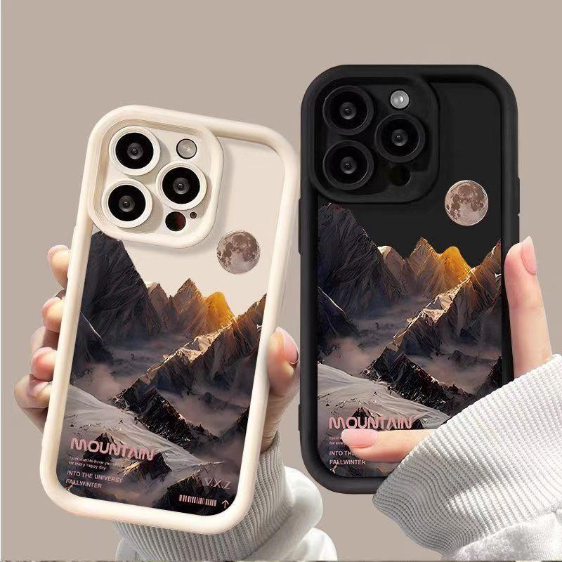 Mountain Moon Landscape Art Phone Case for iPhone 17 16 15 14 13 12 11 Series Pro Max Plus Double Layer Protection