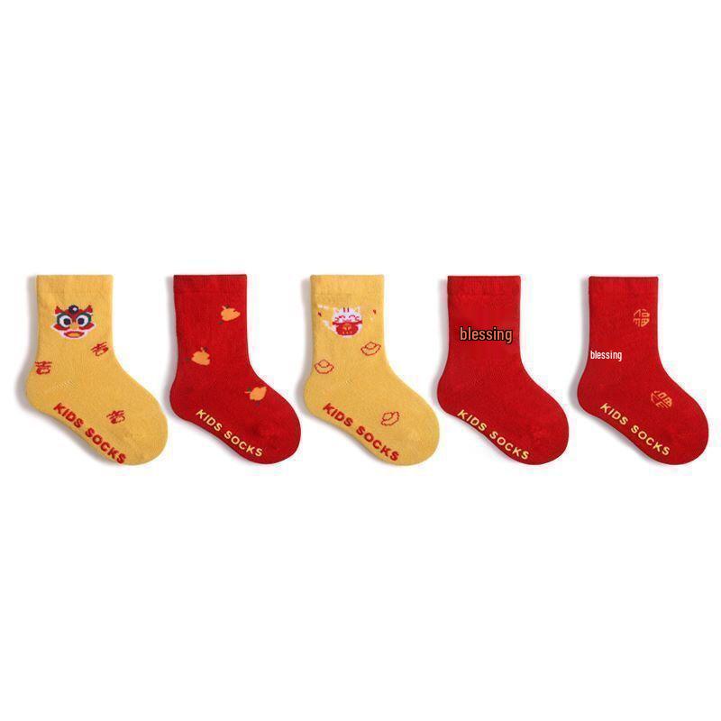 Non-slip Red Cotton Baby Socks for Spring & Autumn - Suitable for New Year, Boys & Girls, Ages 1-12 Months