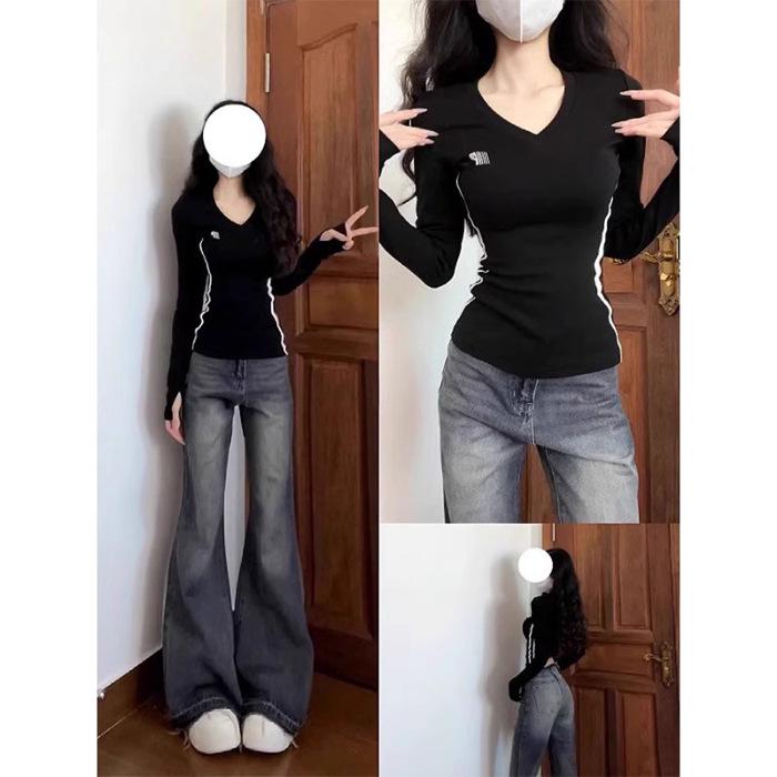 

Женская футболка с длинным рукавом и V-образным вырезом приталенного силуэта American Pure Desire для осени/зимы Extra Large чёрный