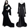 Damska Sukienka Maxi Syrenka z Dekoltem V i Rozszerzanymi Długimi Rękawami Gotycka Morticia Addams Cosplay na Halloween Długa Suknia z Trenem
