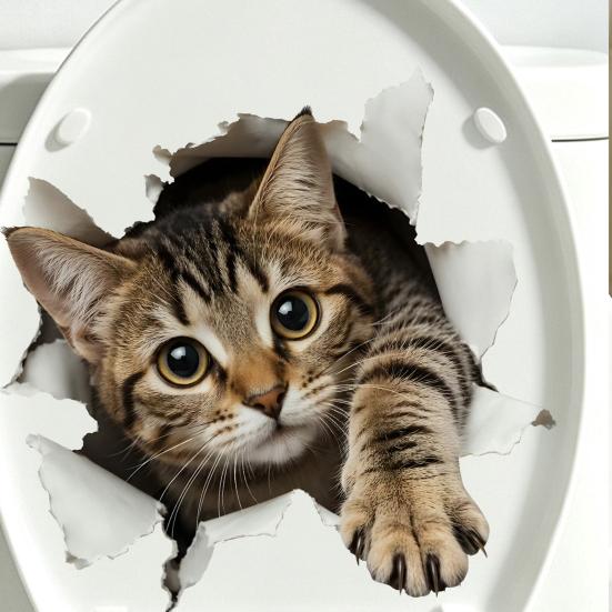 Easy Apply Toilet Seat Stickers 3D Realistic Cat Sticker, Waterproof PVC Lid Decal, Removable Cute Bathroom Decor for Home Self-adhesive Kitten