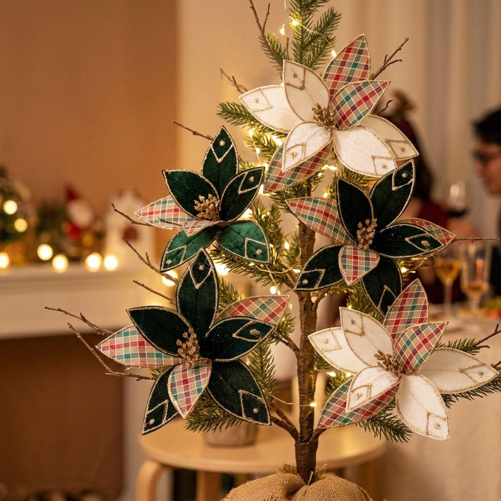 Handmade Velvet Poinsettia Pick Flocking Xmas Tree Flower Artificial Christmas Flower Photo Props