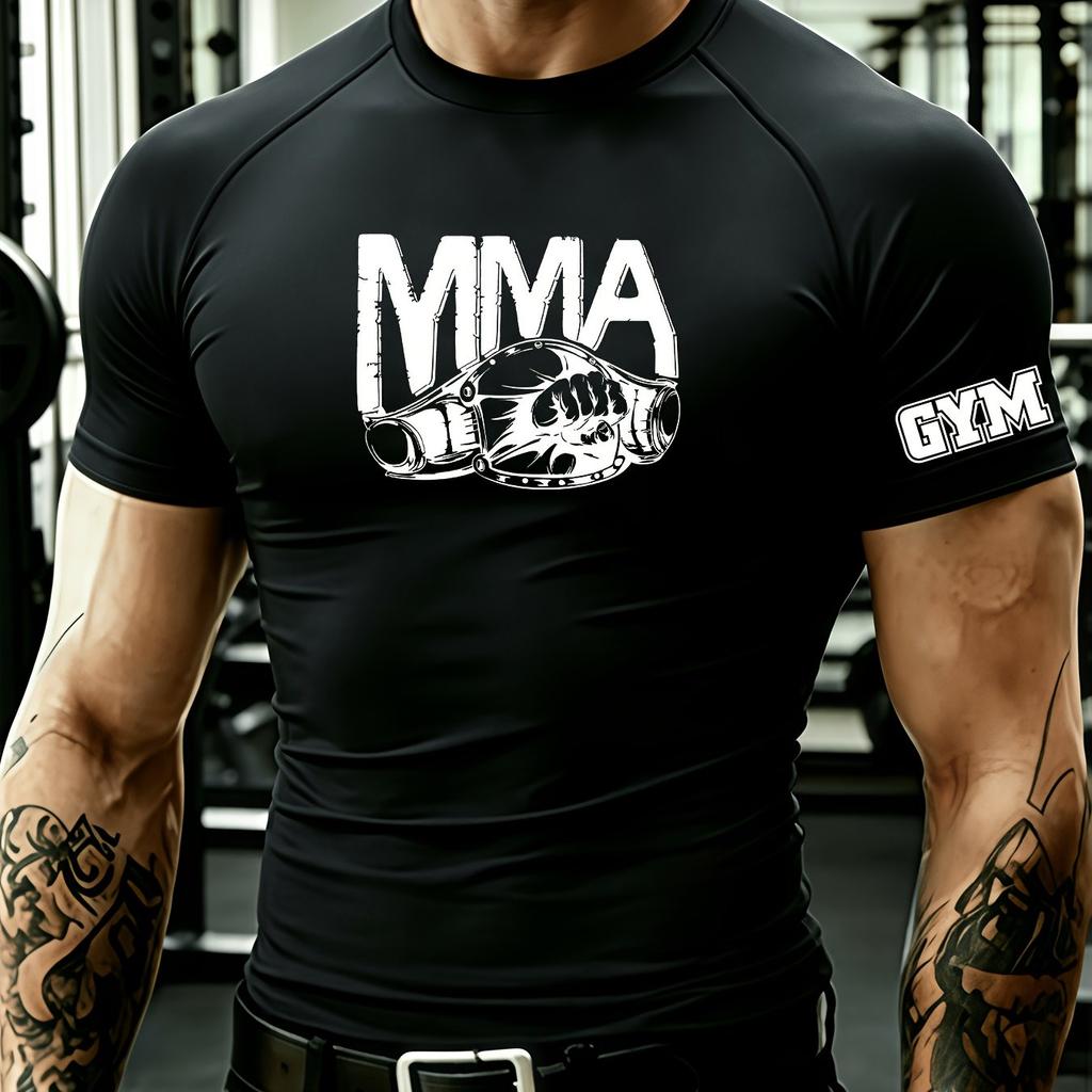 Highly elastic breathable compression fitness short-sleeve, MMA fighting graphic logo sports T-shirt