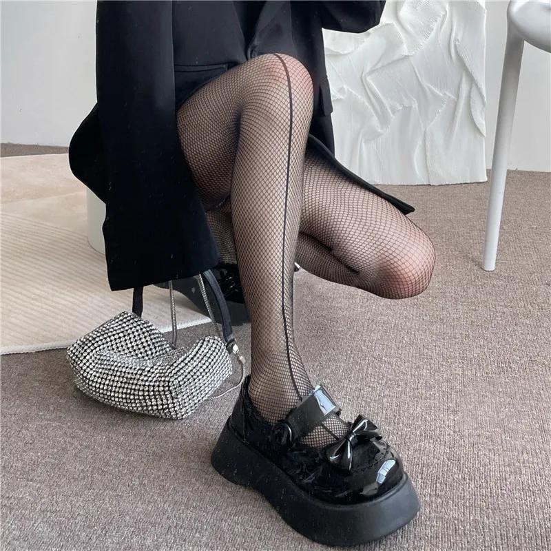 Japanese Style Sexy Black Tights Lolita Girls Bowknot Mesh Fishnet Pantyhose Thigh High Stockings Lingerie Nightclub Tights