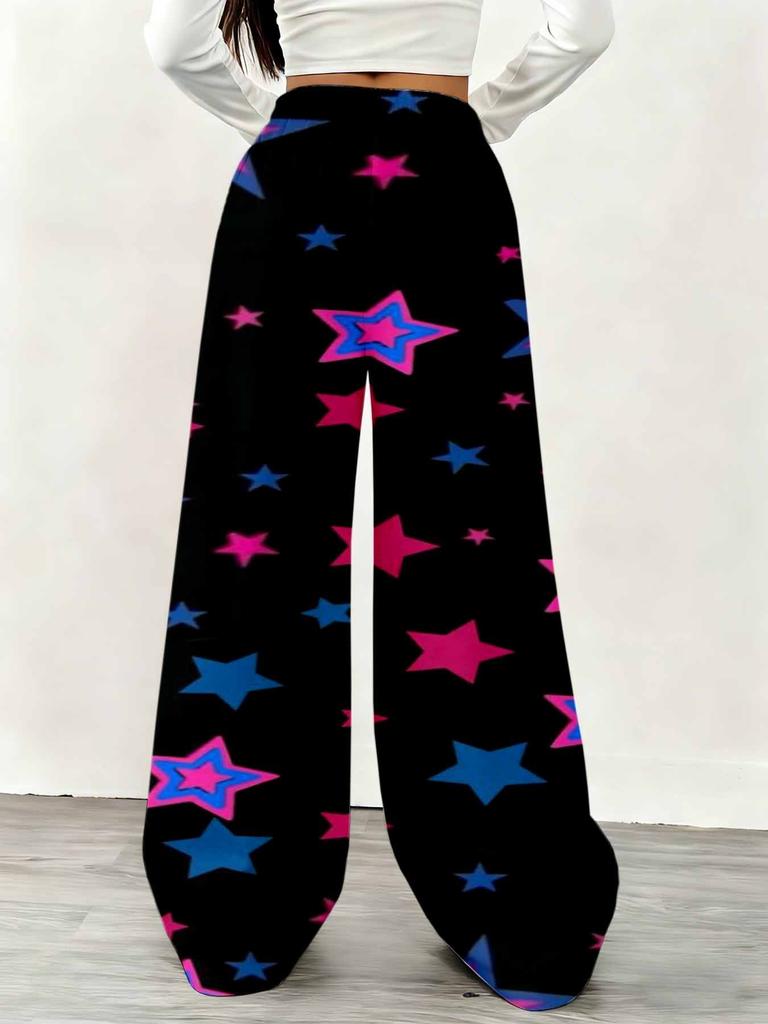 Women's Plus Size Wide Leg Pants Black Pink Blue Star Print Casual Home Wear Overseas Print
