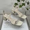 Fashion Hot Selling Female Sandal 2025 Women's Med Block Heels Ladies Shoes Summer New Medium Fashion Chunky High Comfort Retro Beige