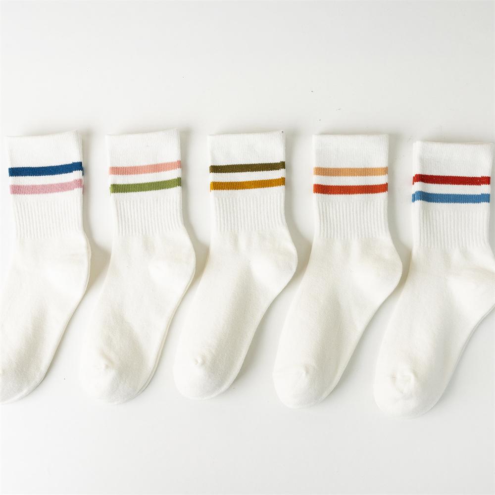 5 pairs of spring and summer pure white striped college style socks