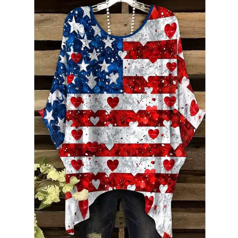

Women s T-Shirts Rainbow Striped Heart Pattern O-Neck Tees Vintage Asymmetrical Hem O-Neck Tops Versatile Loose Women s Clothing 5XL