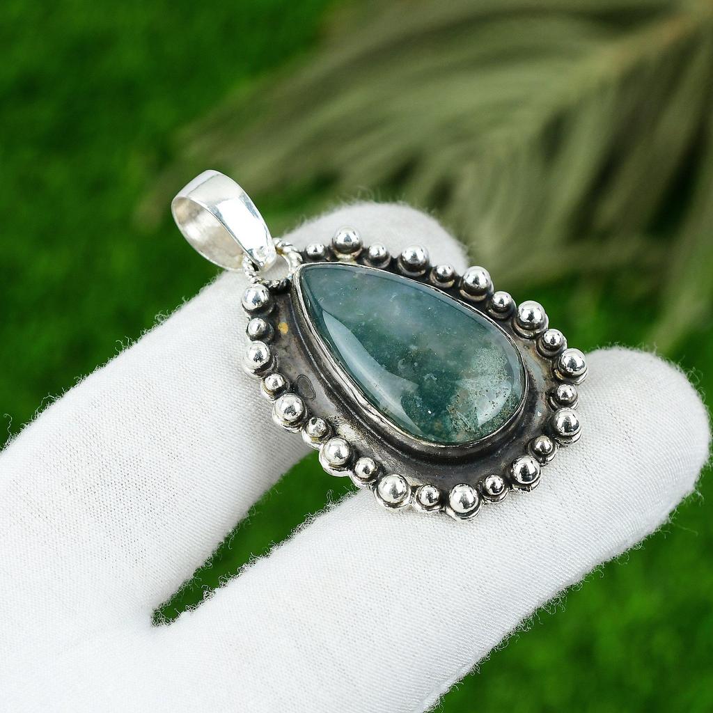 925 Sterling Silver Pear Solar Moss Agate Stone Bezel Wife New Pendant Jewelry