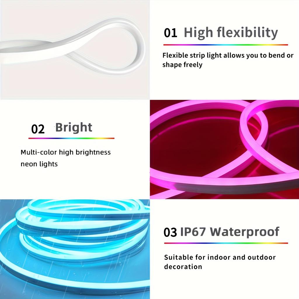 5V Neon LED Strip Lights USB Powered Music Sync RGB Flexible Waterproof Light Strip APP Bluetooth Control for Gaming Home Decor