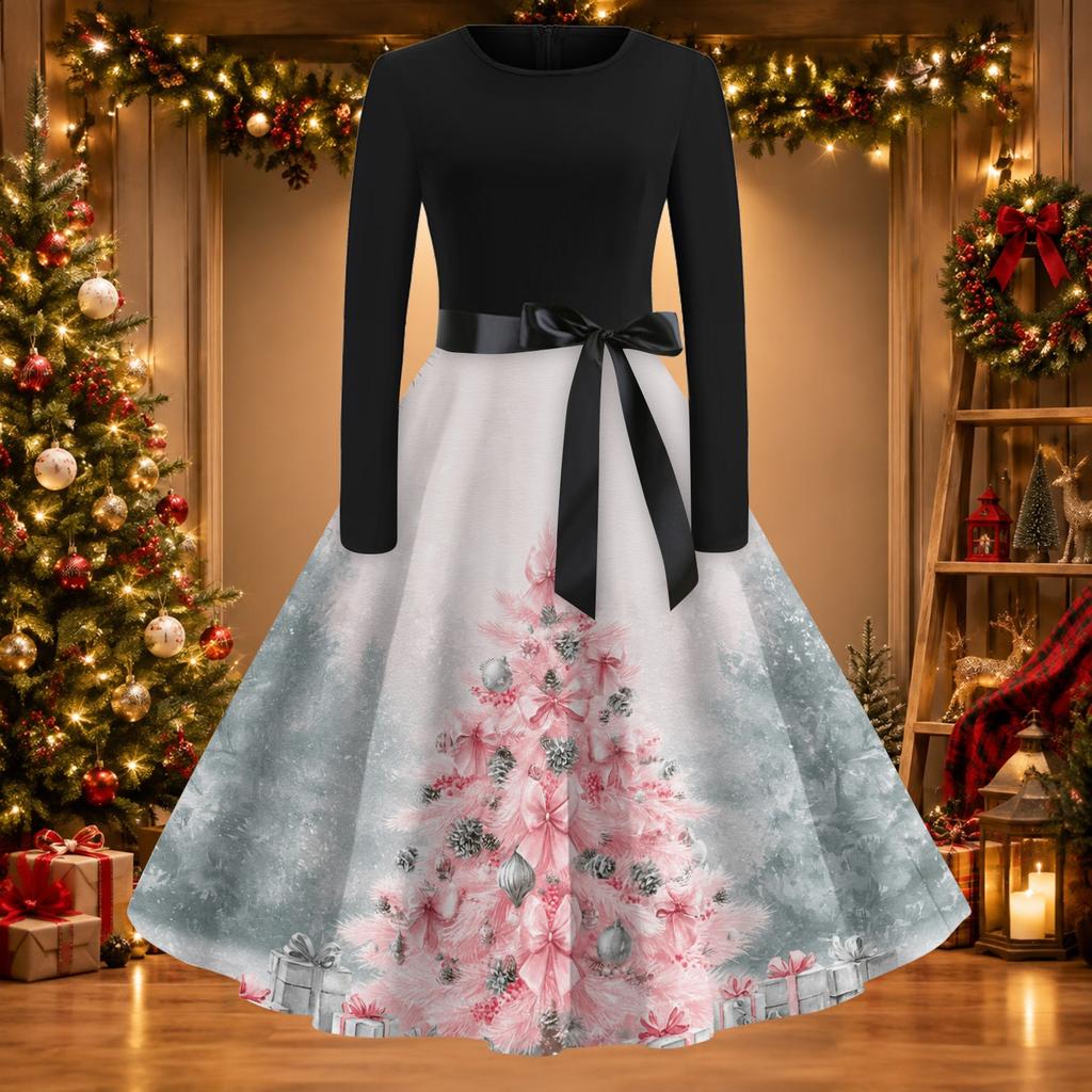 Women's Vintage Christmas Print Round Neck Casual Dress