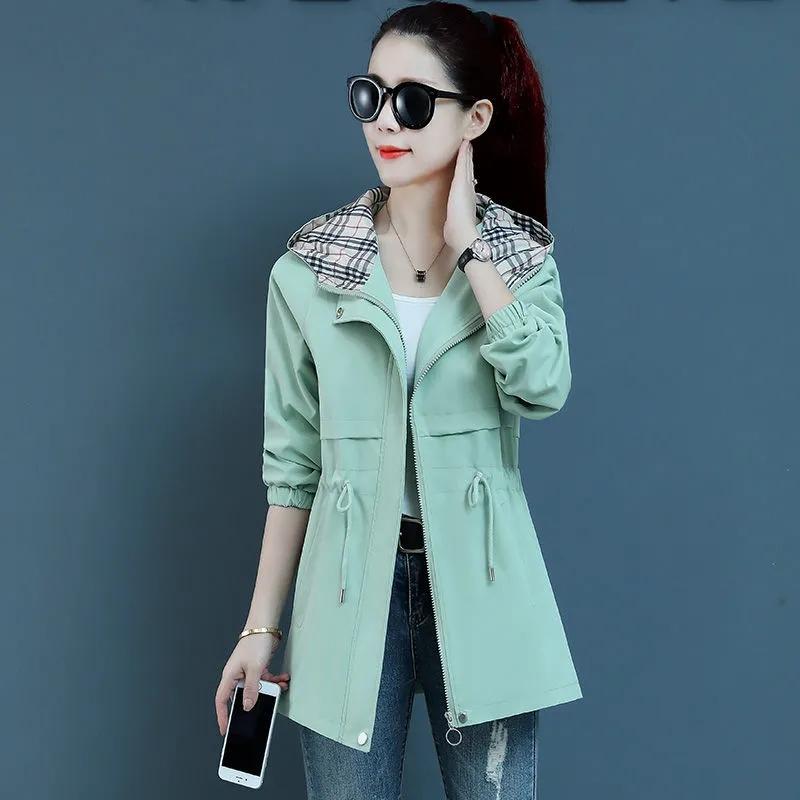 

Женская куртка-тренчкот корейская весна-осень свободные длинные рукава короткие пальто женская ветровка с капюшоном верхняя одежда топы S