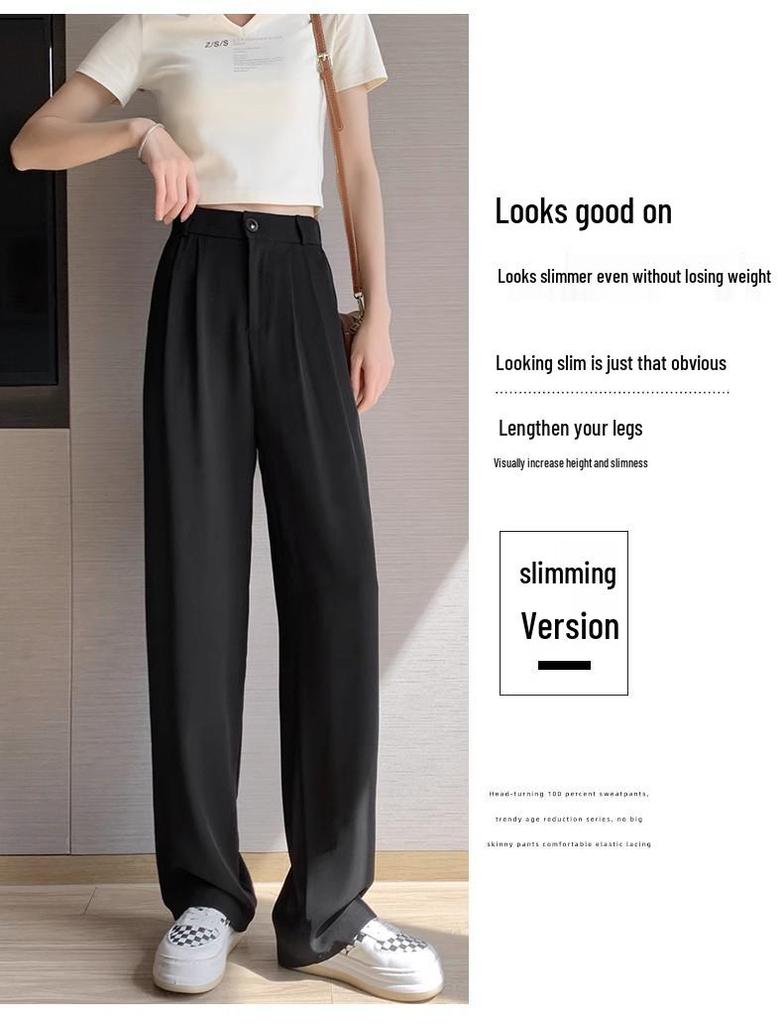 Plus Size Women's Black Drape Wide-Leg Trousers - Summer Casual Fit for Pear-Shaped Bodies